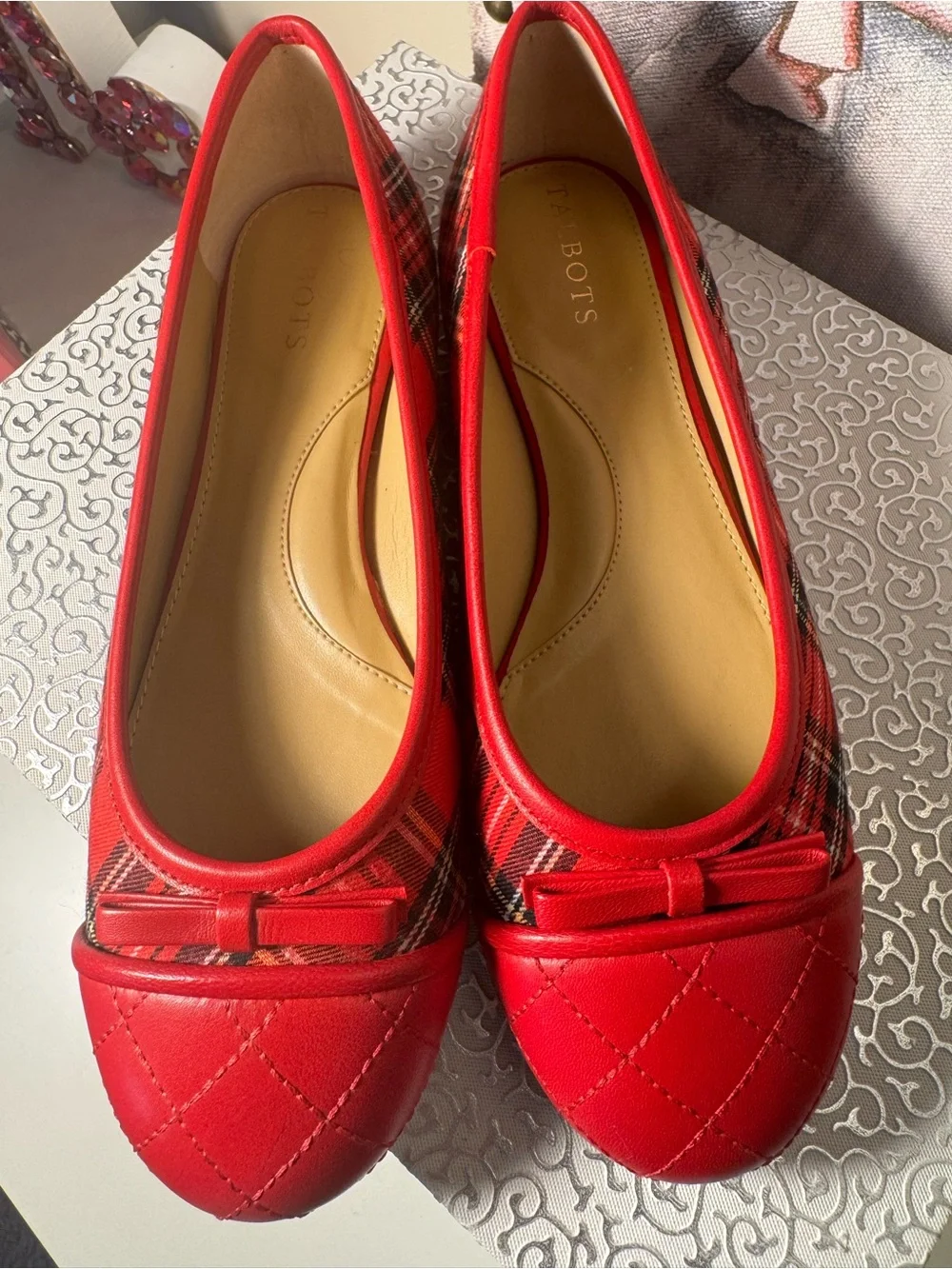 Talbots Red Quilted Plaid Ballet Flats - Classic Women Shoes -New